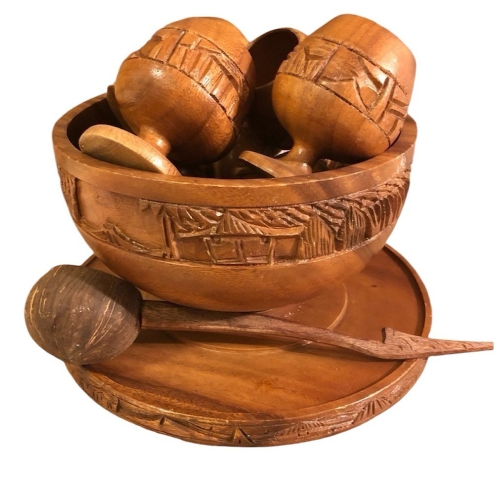 VTG 1970’s Carved Wooden Tiki Polynesian Punch Salad Bowl Serving Set